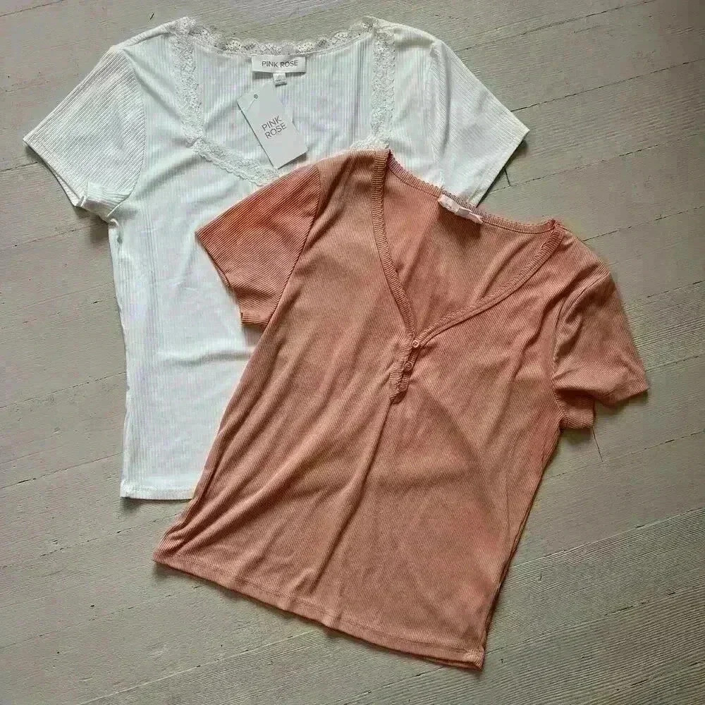 Pink‎ Rose Size Large 2 Piece Bundle Blush & Ivory Ribbed Short Sleeve Shirt